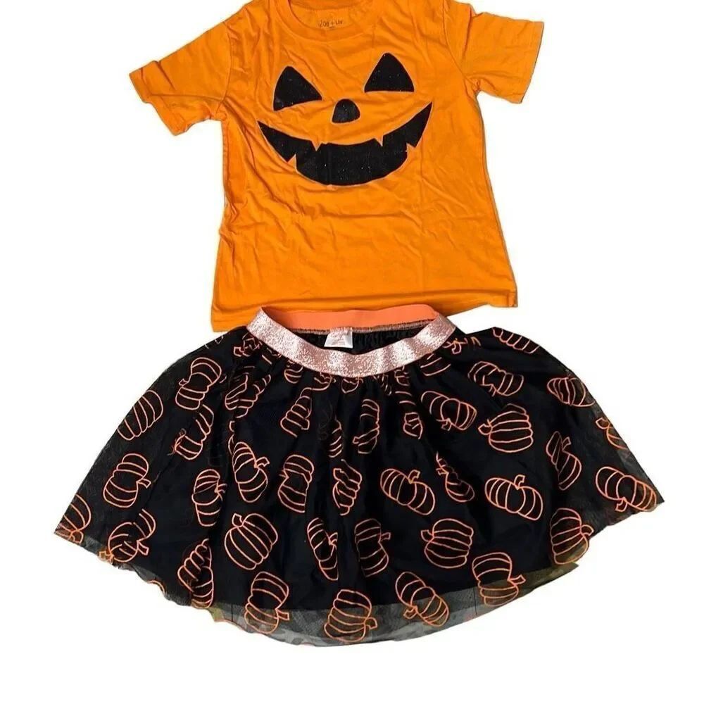 NWT Zoe + Liv Cat & Jack Kids' Orange Black Pumpkin Print Mesh Skirt Set Small H